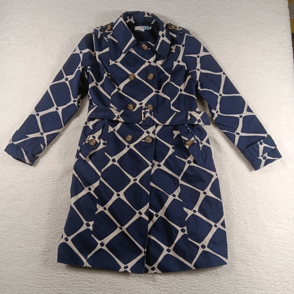 Boden Jackets & Blazers - Boden Trench Coat Womens 8 Blue Cream Double Breasted  Belted Geometric
